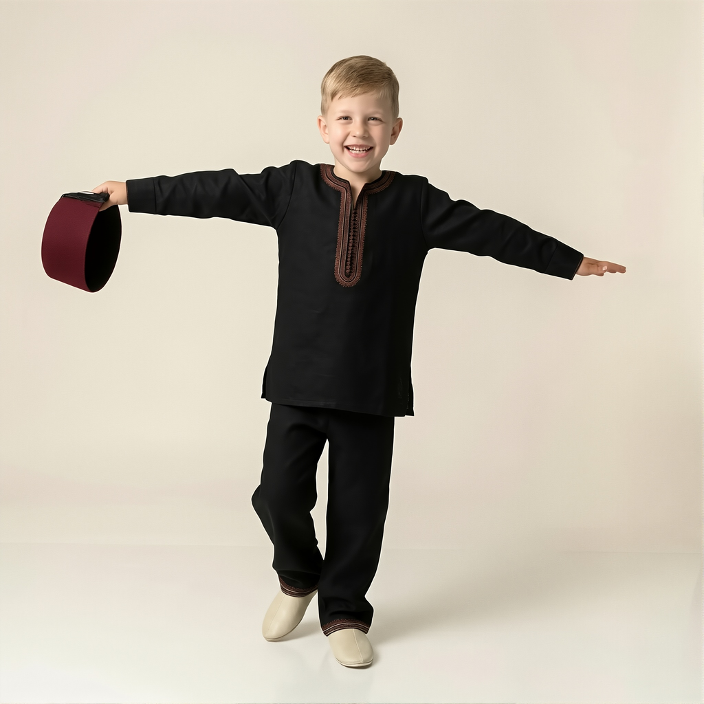 Jabadour 2 pièces pour Enfants Noir & Marron – Élégance Marocaine Moderne